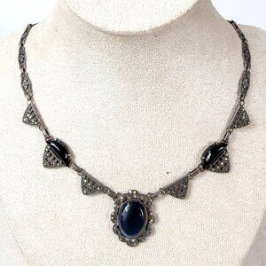 Art Deco Onyx Oval Cabochon Marcasite Silver Tone Necklace 15''